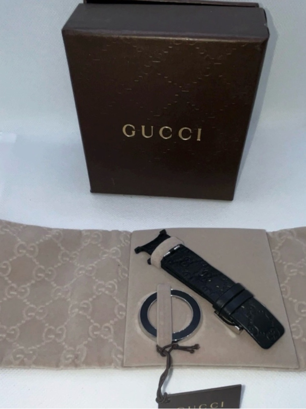 Gucci Black Embossed Leather Watch Strap with Silver Buckle